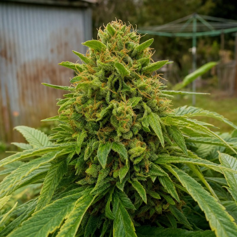 Outdoor macro photograph of the Triangle Kush Auto flower on a living plant