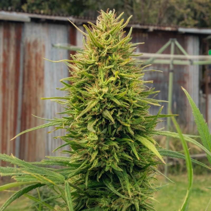 Outdoor macro photograph of the Stardawg Auto flower on a living plant