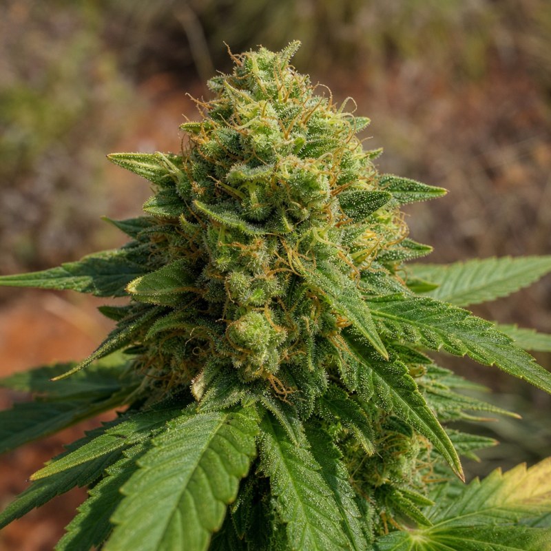 Outdoor macro photograph of the Sour Amnesia Auto flower on a living plant
