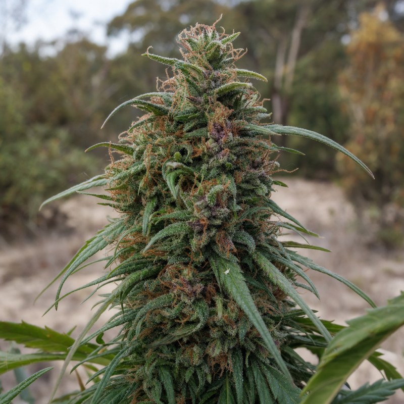 Outdoor macro photograph of the Purple Haze Auto flower on a living plant
