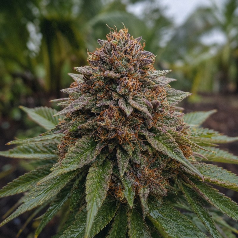 Outdoor macro photograph of the Special Kush #1 flower on a living plant