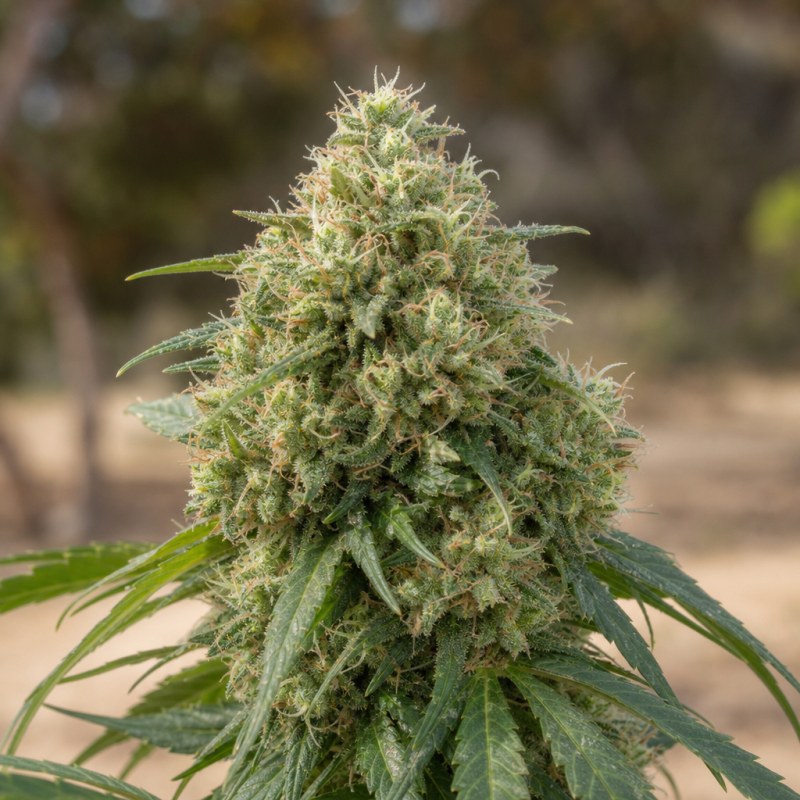 Outdoor macro photograph of the Stress Killer CBD flower on a living plant