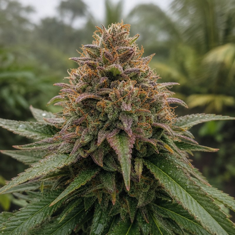 Outdoor macro photograph of the Super Blue Dream flower on a living plant