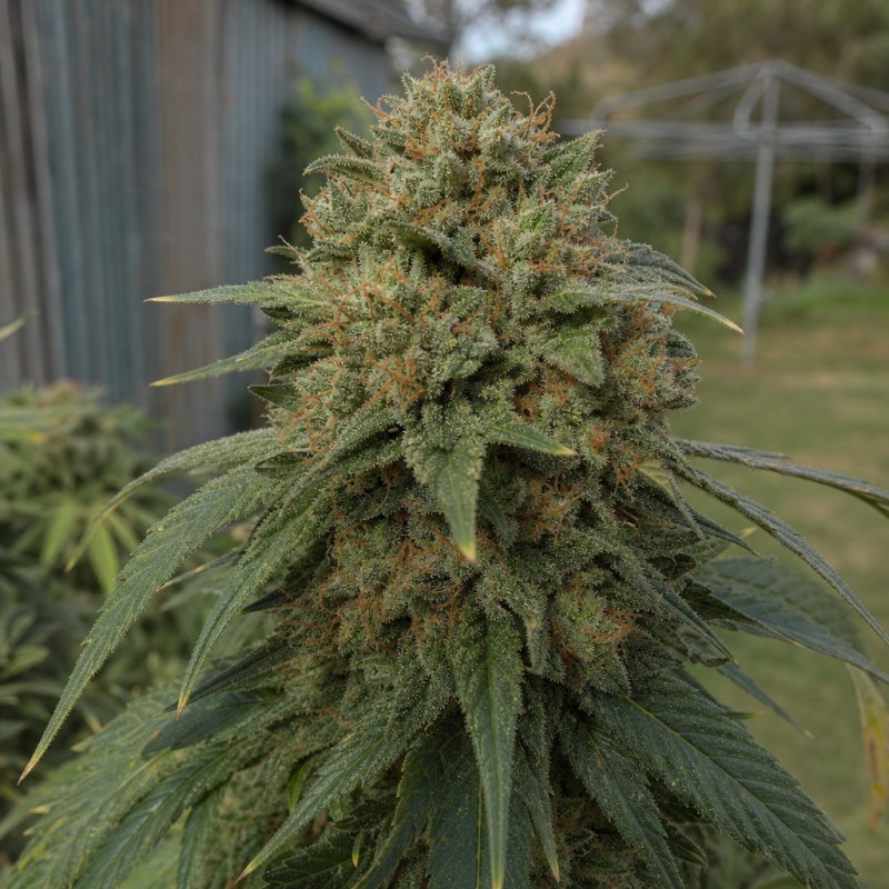 Outdoor macro photograph of the Super Kush flower on a living plant