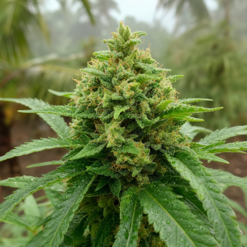 Outdoor macro photograph of the Tangerine Haze Auto flower on a living plant
