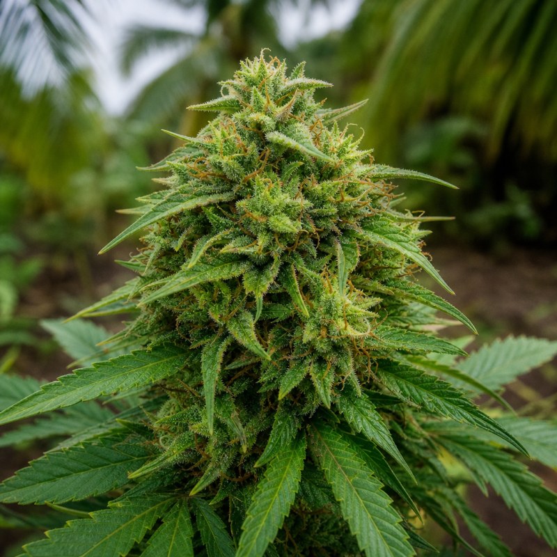 Outdoor macro photograph of the Tangerine Kush Auto flower on a living plant