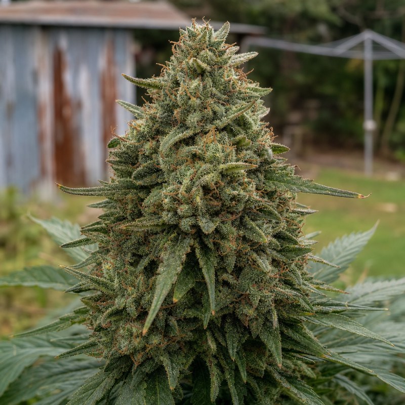 Outdoor macro photograph of the Tuna Kush flower on a living plant