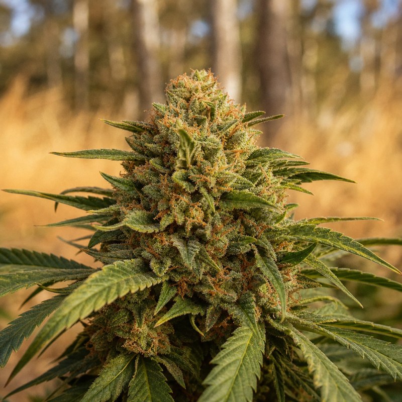 Outdoor macro photograph of the UK Cheese Auto flower on a living plant
