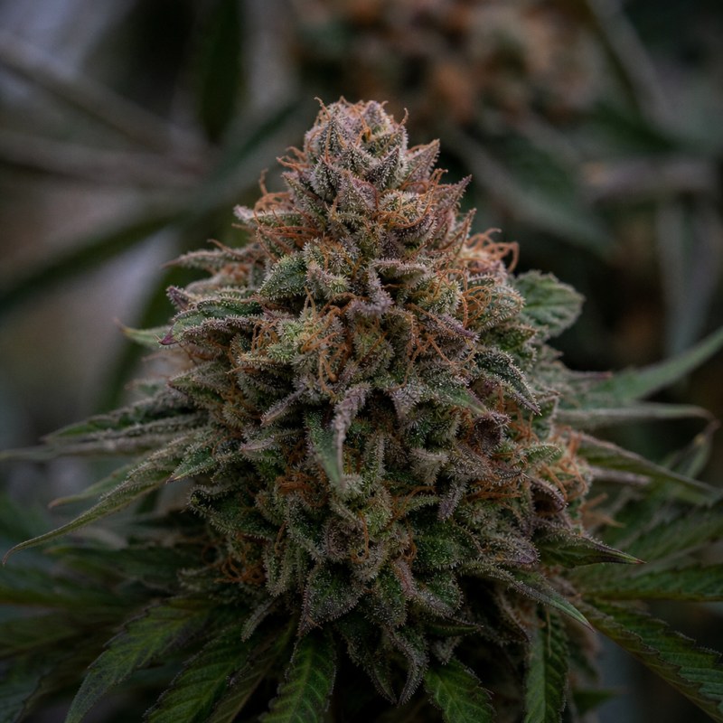 Outdoor macro photograph of the Vader OG flower on a living plant