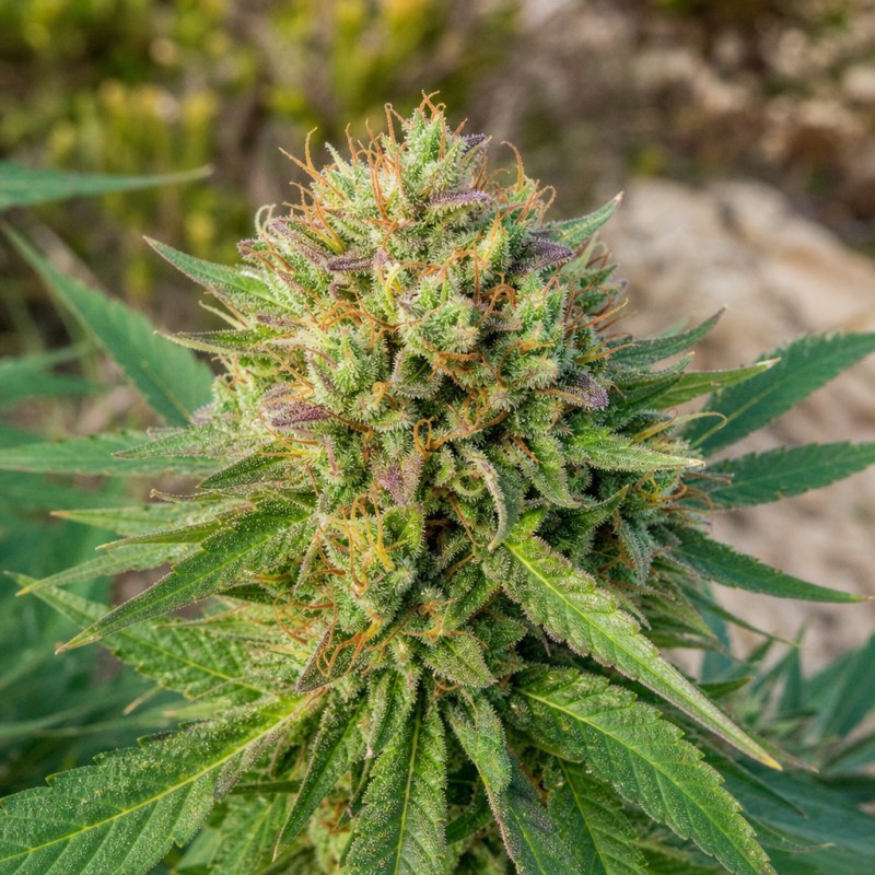 Outdoor macro photograph of the Venus OG flower on a living plant