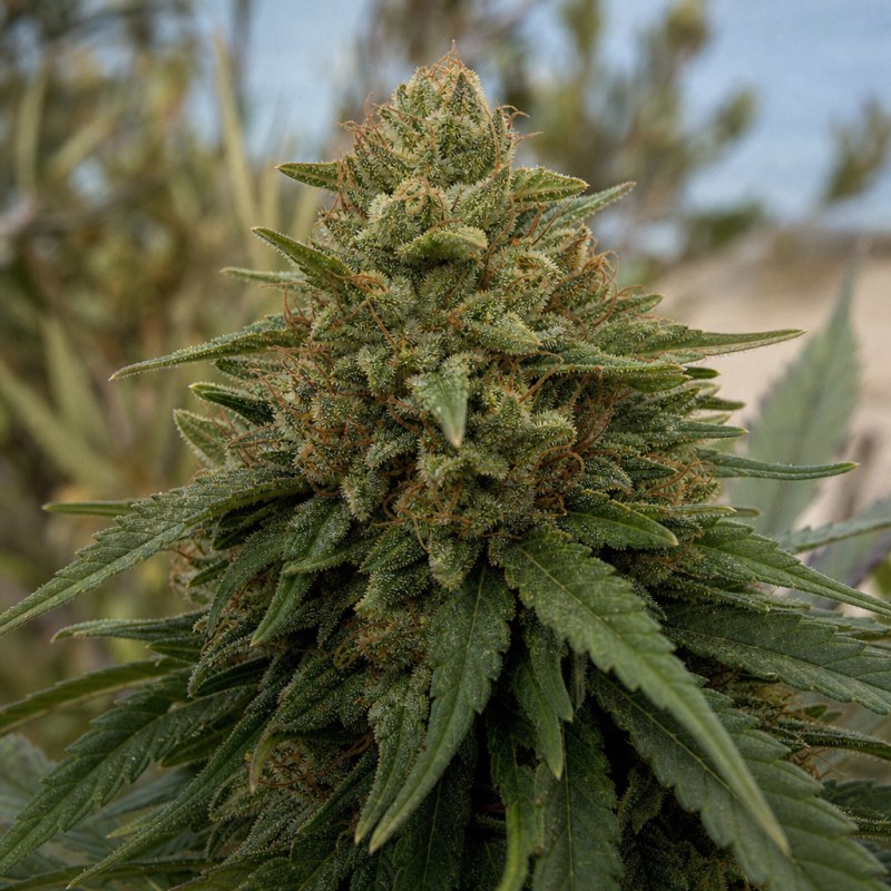 Outdoor macro photograph of the Violator Kush Auto flower on a living plant