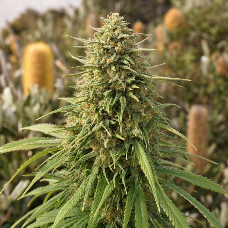 Outdoor macro photograph of the Amnesia Auto flower on a living plant