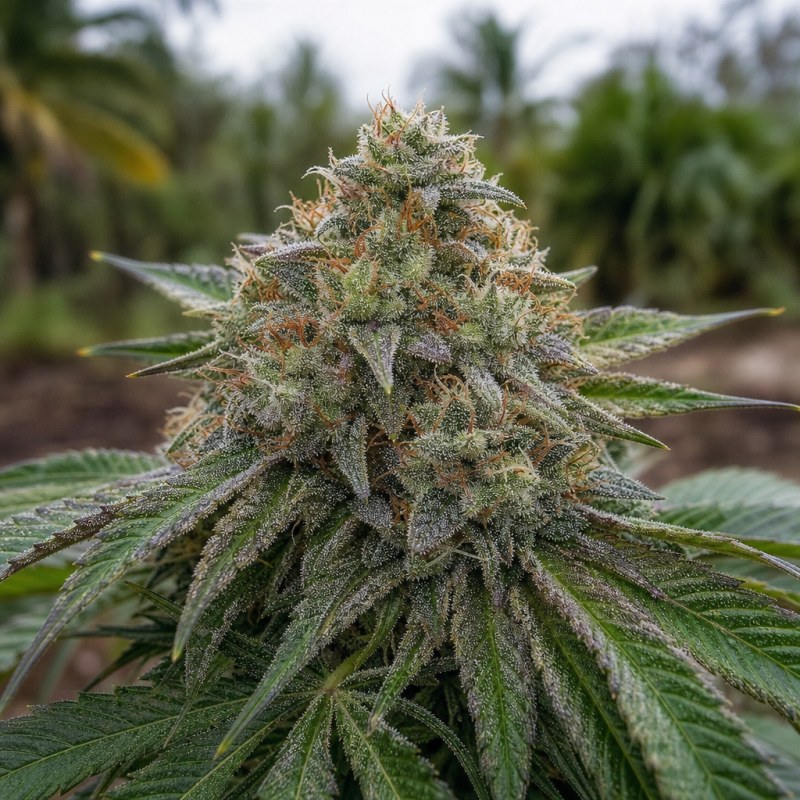 Outdoor macro photograph of the $100 OG flower on a living plant