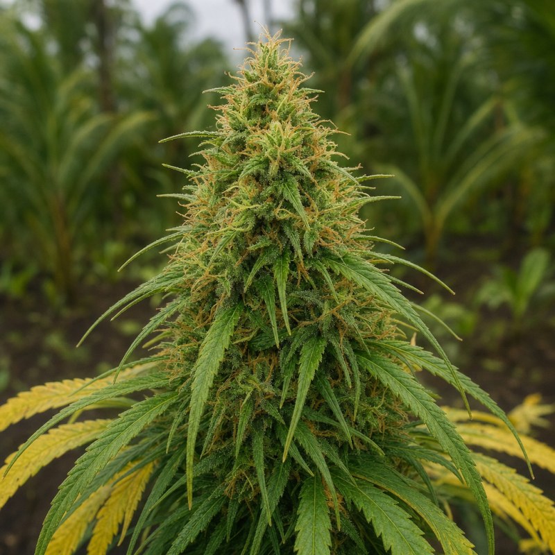 Outdoor macro photograph of the Super Lemon Haze flower on a living plant