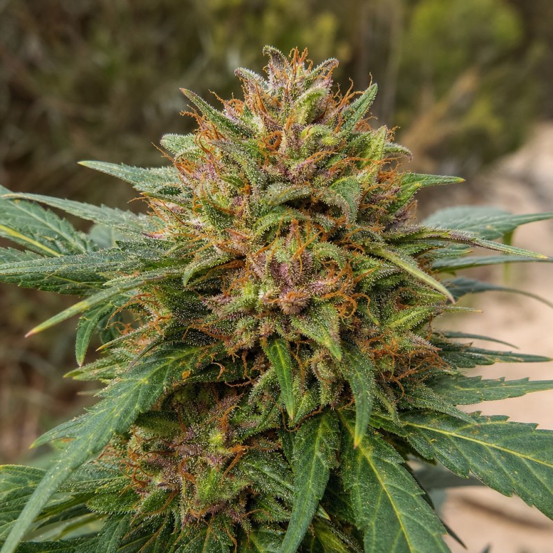 Outdoor macro photograph of the 9 lb Hammer Auto flower on a living plant