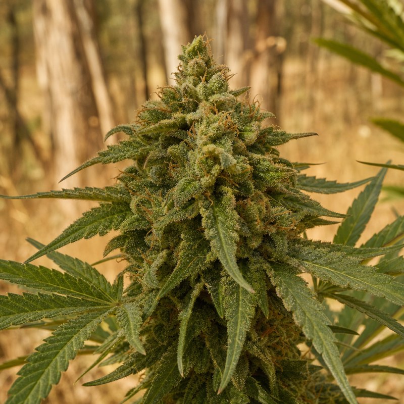Outdoor macro photograph of the Abusive OG Auto flower on a living plant