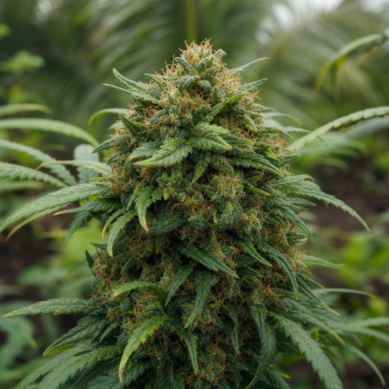 Outdoor macro photograph of the Afgoo Auto flower on a living plant