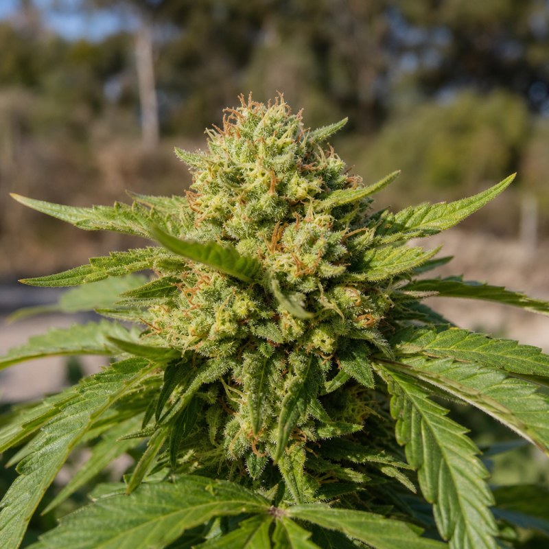 Outdoor macro photograph of the Agent Tangie Auto flower on a living plant