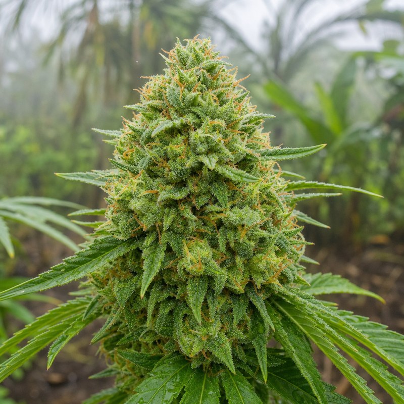 Outdoor macro photograph of the Ancient Kush flower on a living plant
