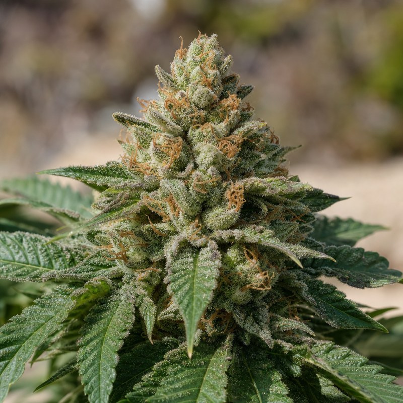 Outdoor macro photograph of the Banana OG Auto flower on a living plant