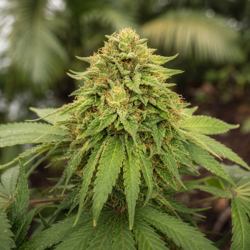 Outdoor macro photograph of the Big Kush flower on a living plant