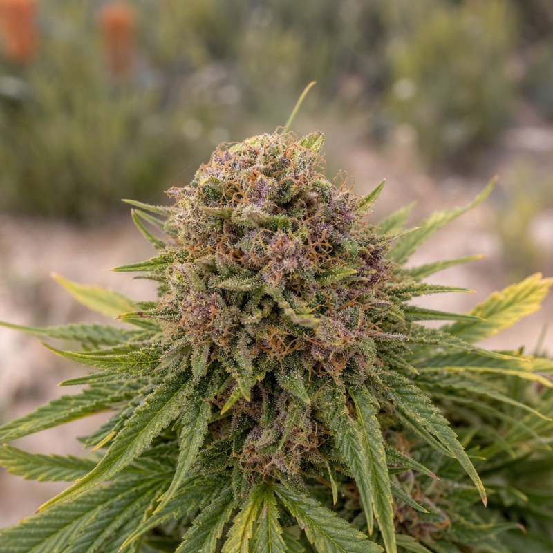 Outdoor macro photograph of the Blue Jay Way Auto flower on a living plant