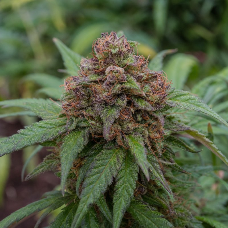 Outdoor macro photograph of the Blue Knight Auto flower on a living plant