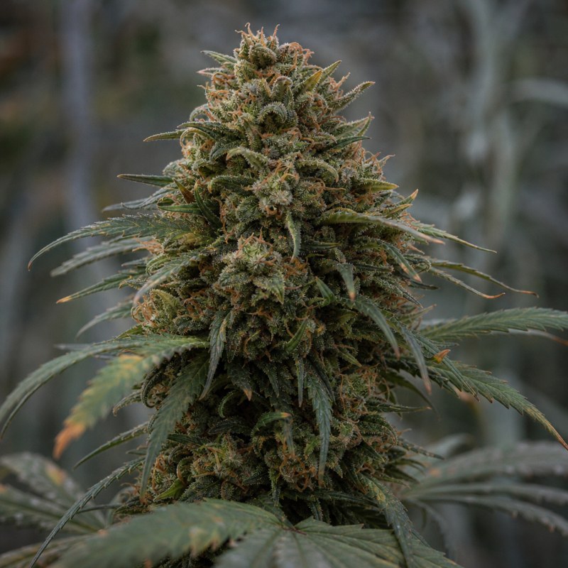Outdoor macro photograph of the Bullrider Auto flower on a living plant