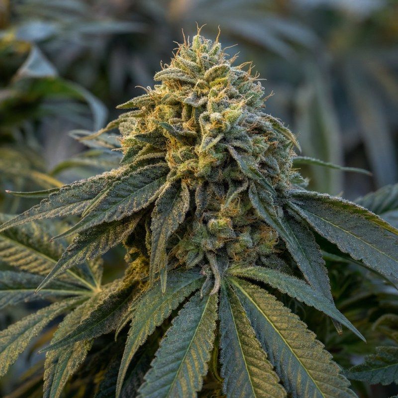 Outdoor macro photograph of the OG Kush Auto flower on a living plant