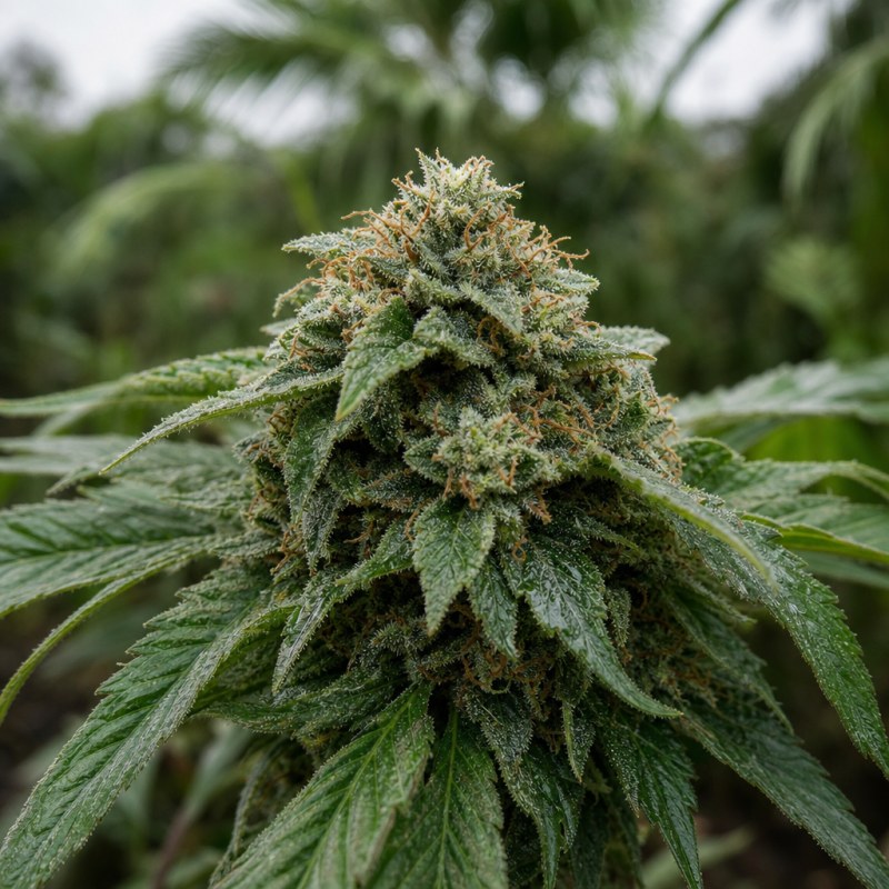 Outdoor macro photograph of the Burmese Kush Auto flower on a living plant