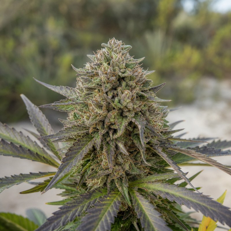 Outdoor macro photograph of the Cannalope Haze flower on a living plant