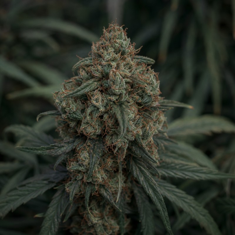 Outdoor macro photograph of the CBD Shark flower on a living plant