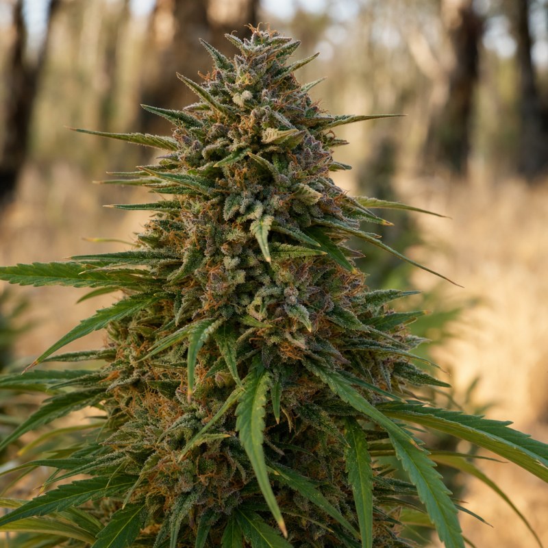 Outdoor macro photograph of the Love Potion Auto flower on a living plant