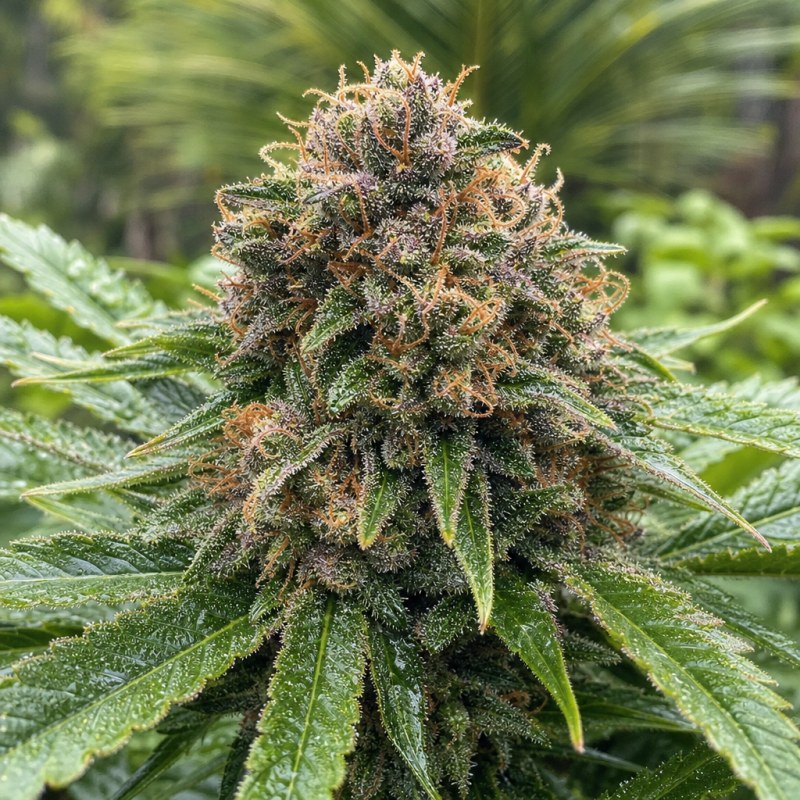 Outdoor macro photograph of the Cherry Kush Auto flower on a living plant