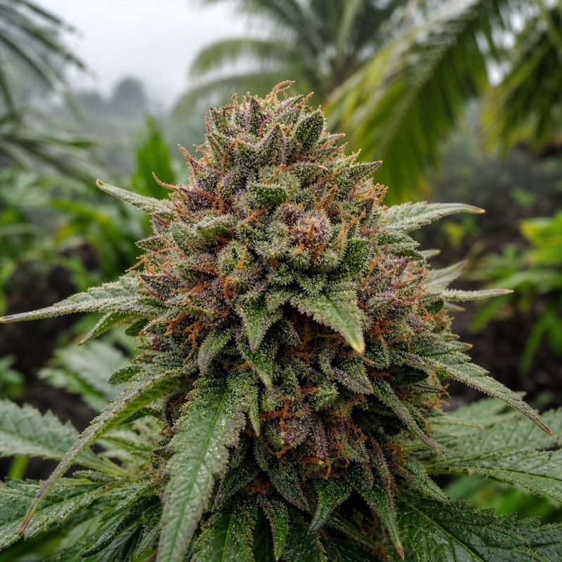 Outdoor macro photograph of the Cherry Kush flower on a living plant