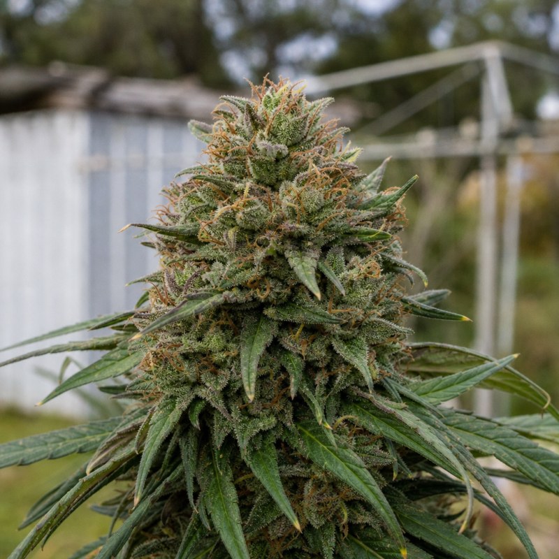 Outdoor macro photograph of the Cream Auto flower on a living plant