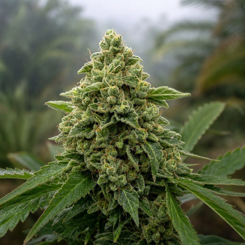 Outdoor macro photograph of the Critical Mango CBD flower on a living plant