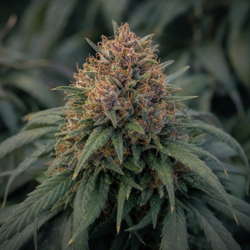 Outdoor macro photograph of the Crown Royale Auto flower on a living plant