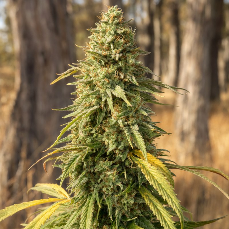Outdoor macro photograph of the Amnesia Lemon Kush flower on a living plant