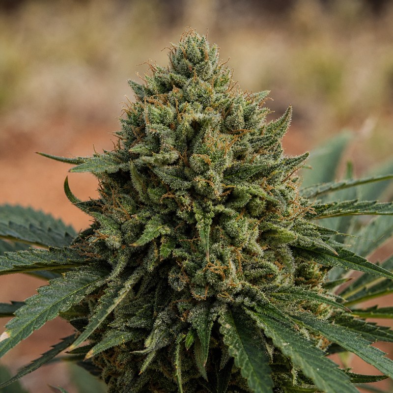 Outdoor macro photograph of the Dawgfather OG Auto flower on a living plant