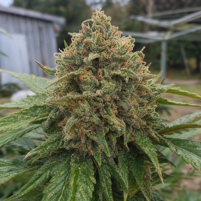 Outdoor macro photograph of the Death Bubba Auto flower on a living plant