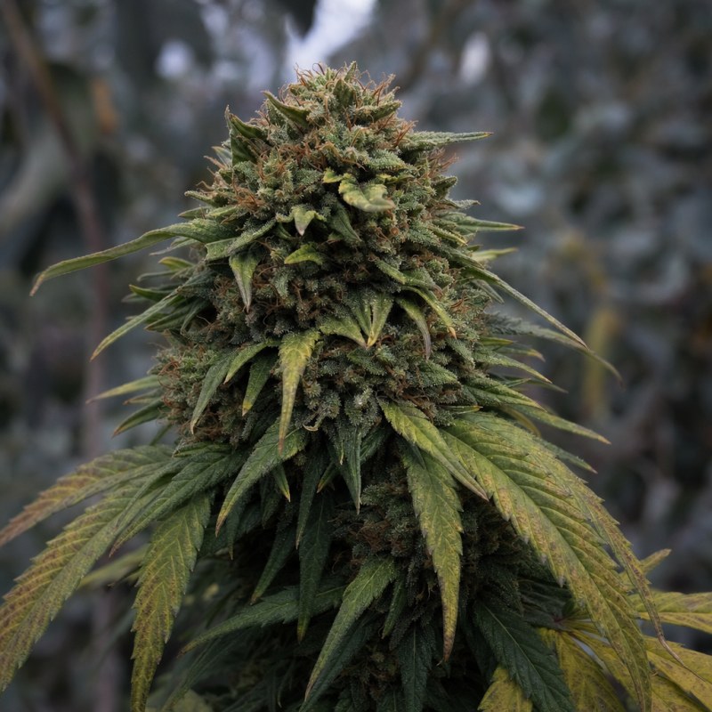 Outdoor macro photograph of the Red Devil Auto flower on a living plant