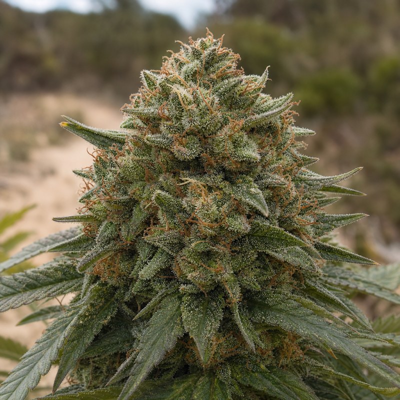 Outdoor macro photograph of the Dogwalker OG Auto flower on a living plant