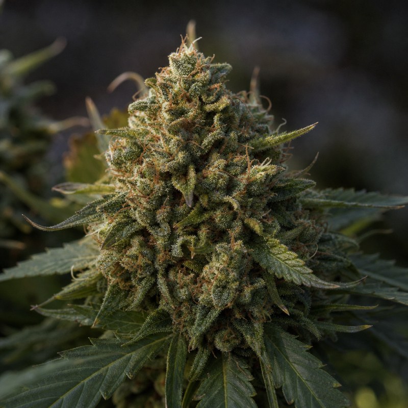 Outdoor macro photograph of the Dragon's Breath Auto flower on a living plant