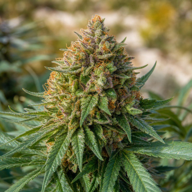 Outdoor macro photograph of the Euphoria Cookies Auto flower on a living plant