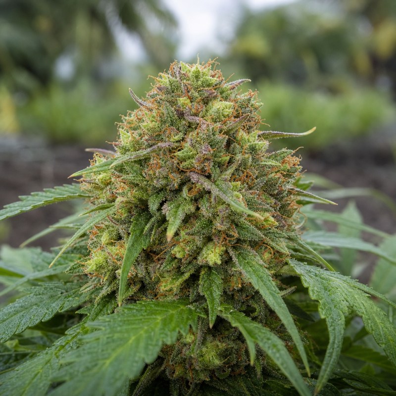 Outdoor macro photograph of the Fruity Chronic Juice flower on a living plant