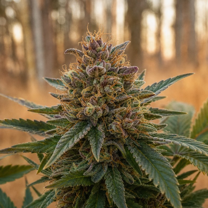 Outdoor macro photograph of the Fruitylicious Auto flower on a living plant
