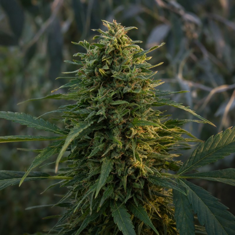 Outdoor macro photograph of the Amnesia Haze Auto flower on a living plant