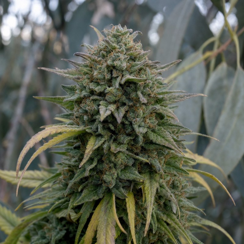 Outdoor macro photograph of the Legend OG flower on a living plant
