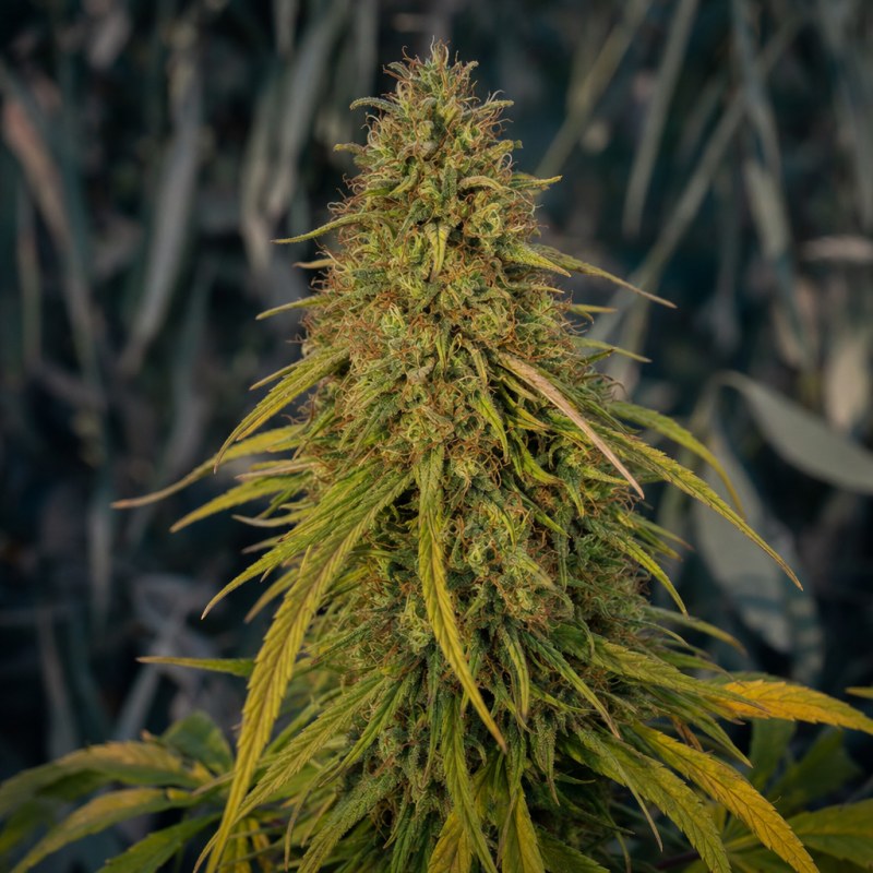 Outdoor macro photograph of the Aspirin OG flower on a living plant